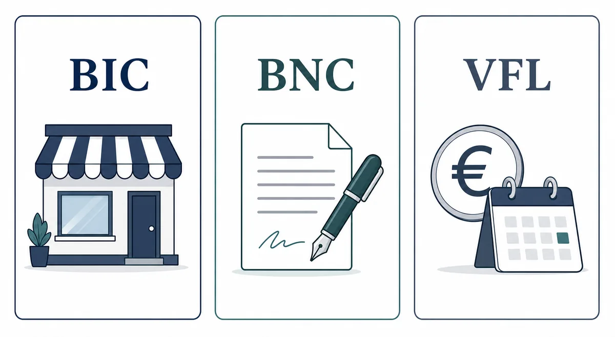 Comparaison visuelle des trois repères fiscaux BIC, BNC et versement libératoire pour auto-entrepreneur
