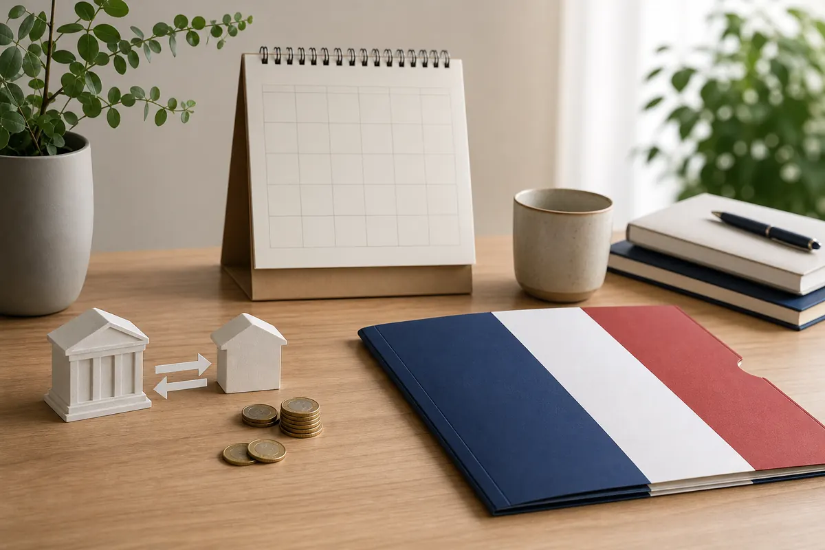 Calendrier, dossier fiscal français et symbole de virement bancaire pour le remboursement d'impôt 2026