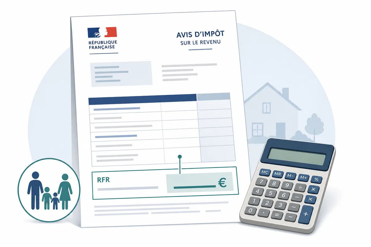Illustration d'un avis d'impôt avec le revenu fiscal de référence, une calculatrice et un foyer fiscal