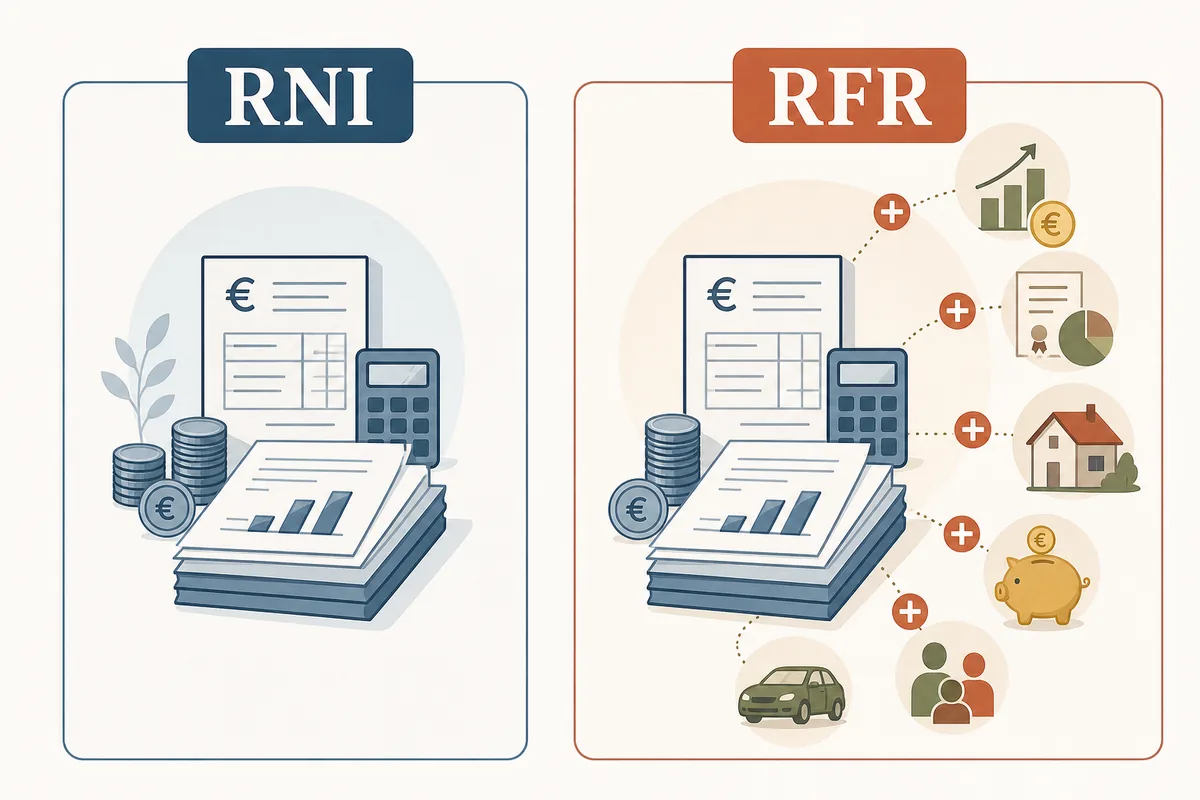 Comparaison entre revenu net imposable et revenu fiscal de référence avec deux colonnes explicatives