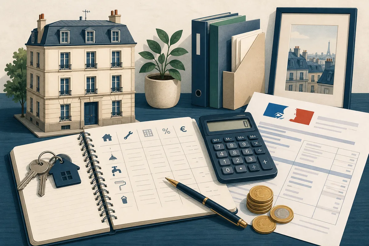 Illustration éditoriale d'un logement loué vide, de loyers et de documents fiscaux