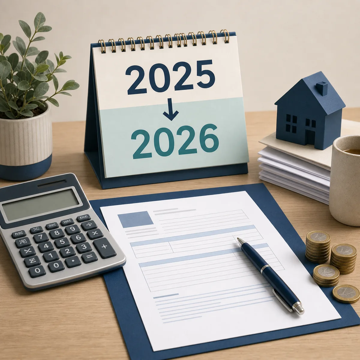 Simulation d'impôts 2026 sur les revenus 2025 avec calendrier, calculatrice et documents fiscaux